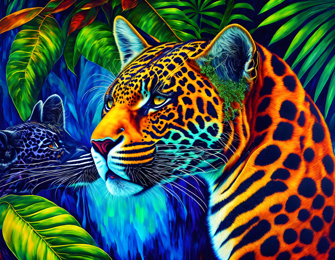 Detailed digital art of two jaguars in lush green foliage