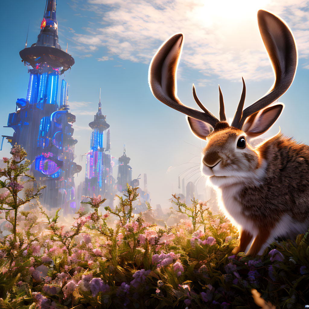 Rabbit with Antlers in Pink Flower Field with Futuristic Skyscrapers