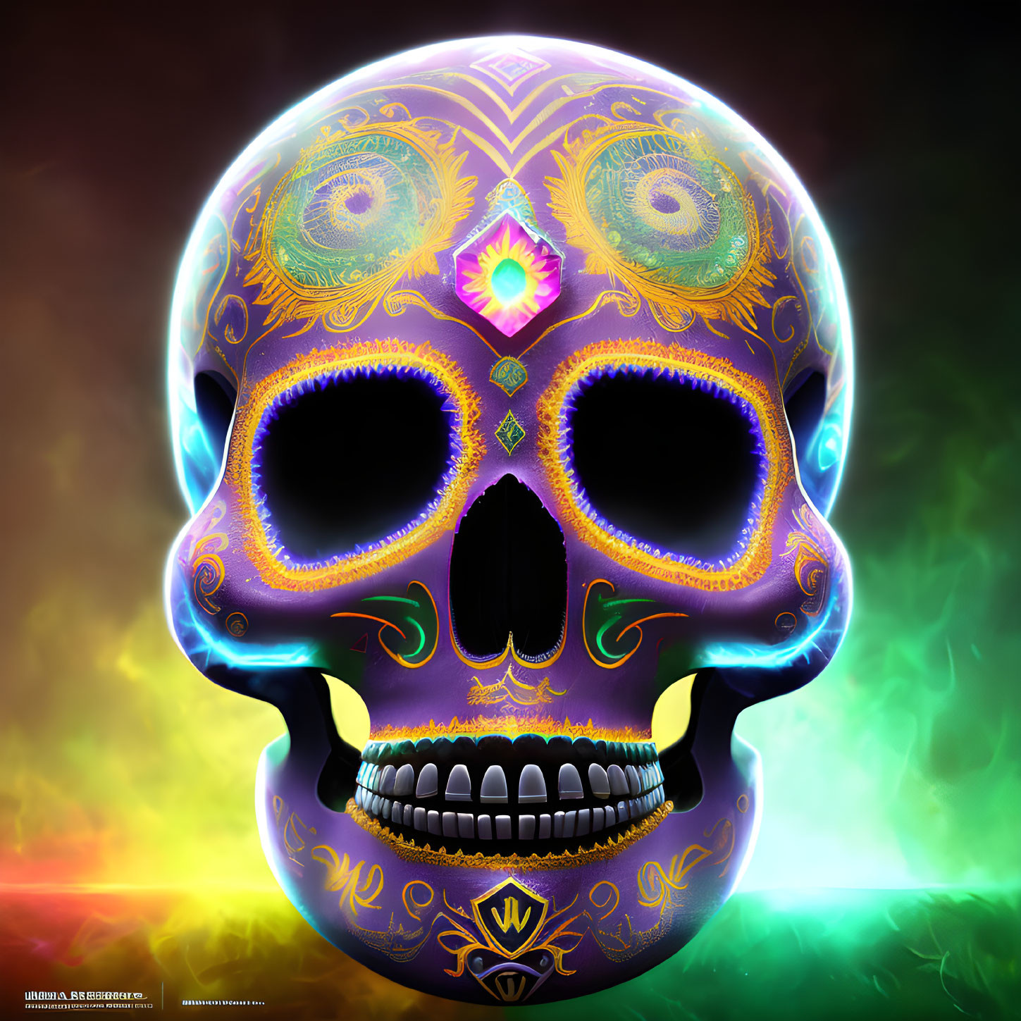 Colorful neon skull illustration with gem on glowing forehead on smoky background