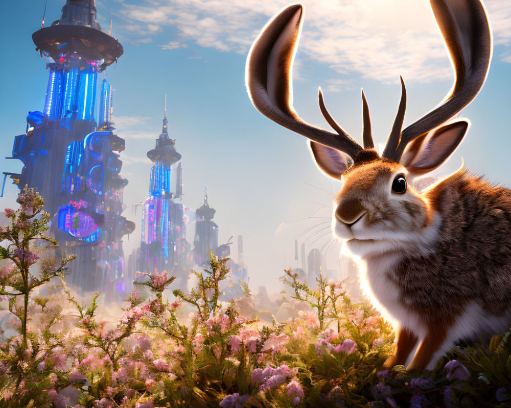 Rabbit with Antlers in Pink Flower Field with Futuristic Skyscrapers
