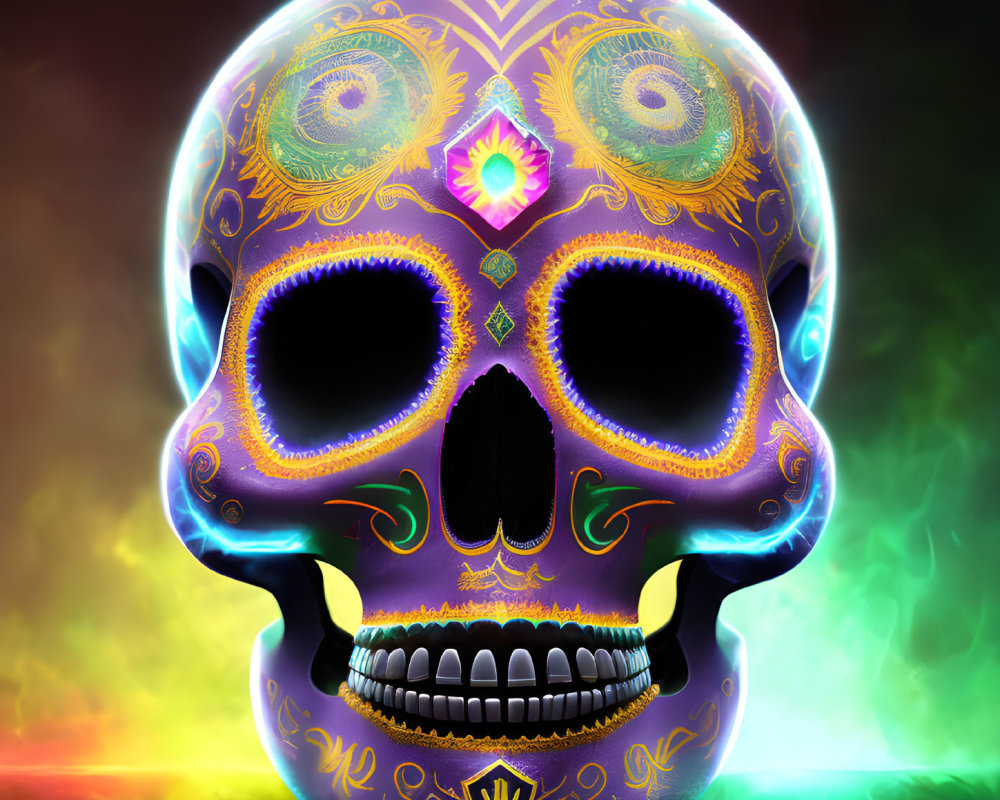 Colorful neon skull illustration with gem on glowing forehead on smoky background