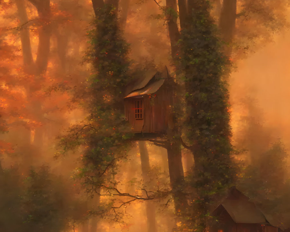 Ethereal forest scene at dusk with golden light and ivy-covered treehouse