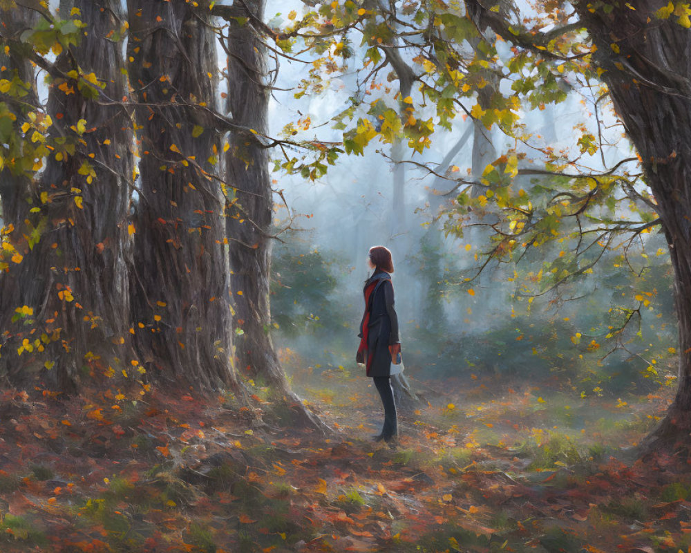 Person in misty forest with autumn leaves and massive trees