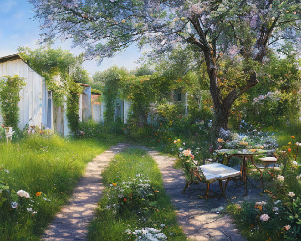 Tranquil garden scene with flowering trees, path, quaint houses, and sunlit table.