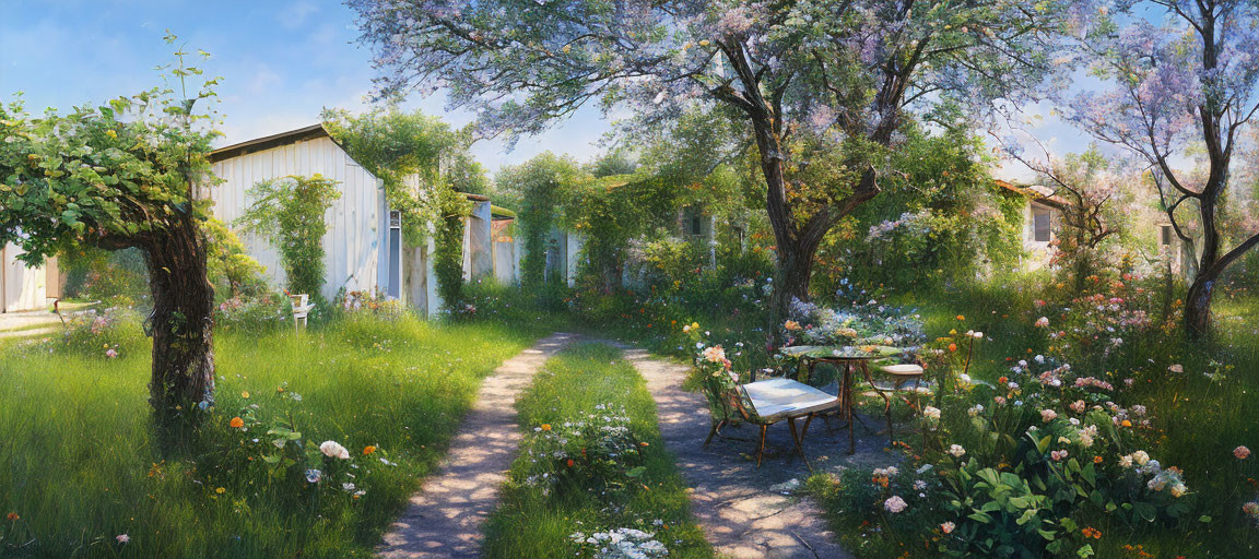 Tranquil garden scene with flowering trees, path, quaint houses, and sunlit table.