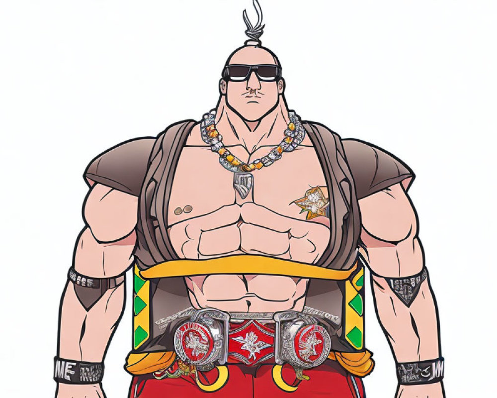 Muscular animated character with mohawk and red pants wearing championship belt and vest