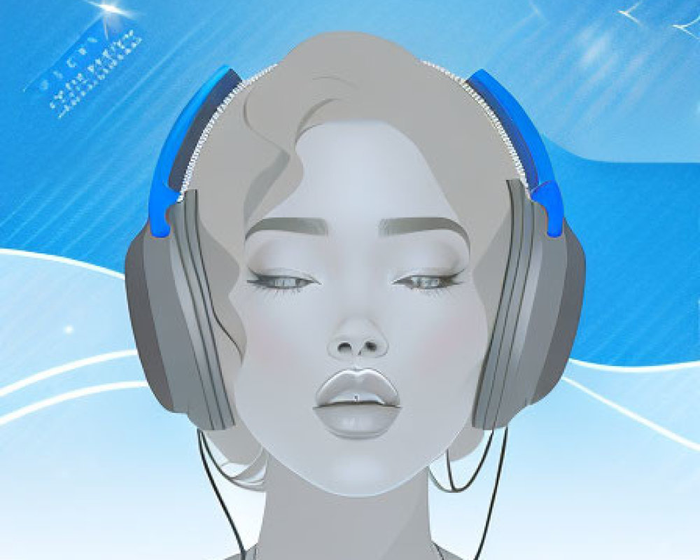 Stylized female figure with large headphones on abstract blue background