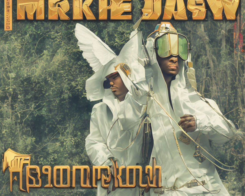 Futuristic album cover with two people in white outfits and geometric headpieces