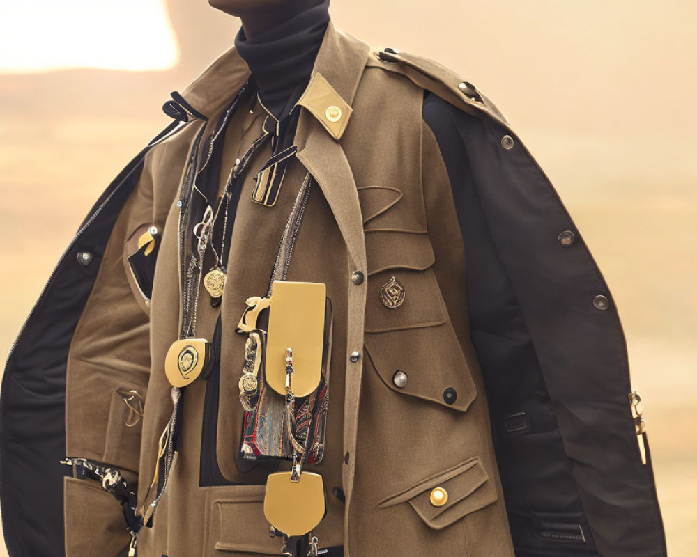 Person in Stylish Trench Coat with Chains, Charms, and Smartphone Case in Desert Setting