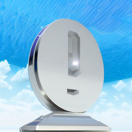 Shiny silver number zero trophy on blue sky with purple light streak