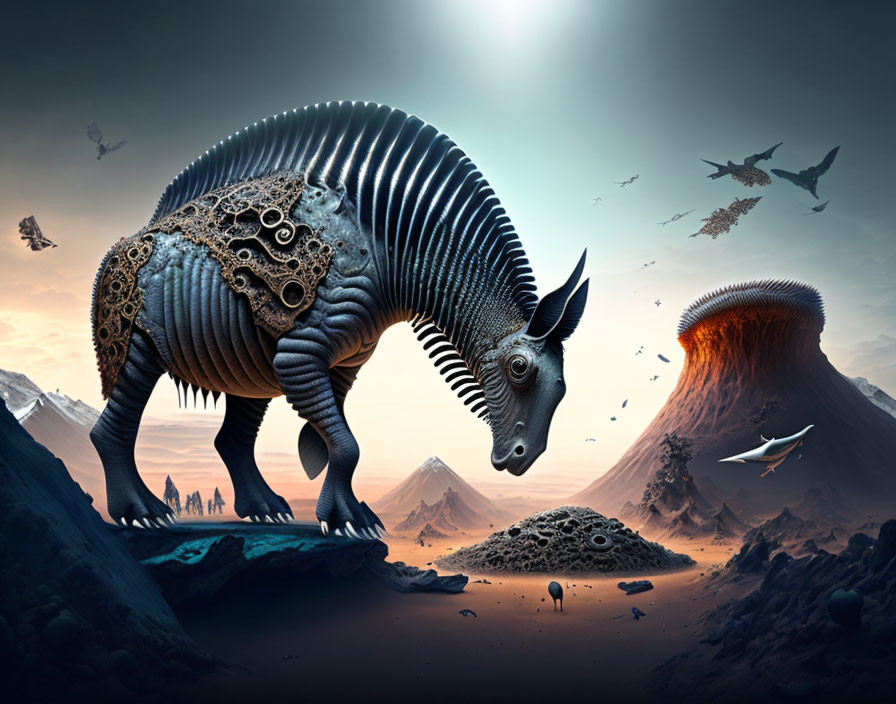 Mythical horned creature in armor on surreal volcanic landscape