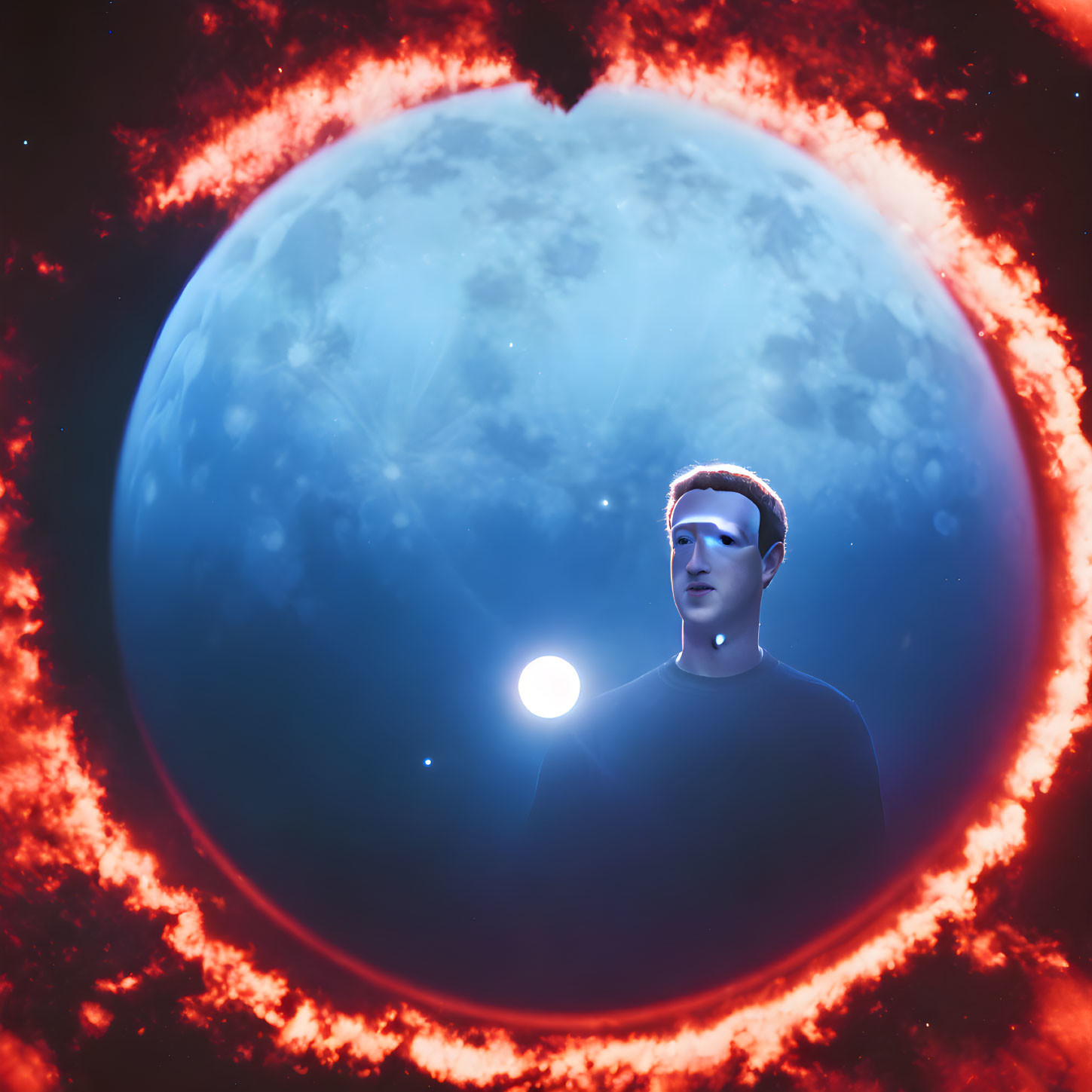 Person superimposed on cosmic background with celestial body and fiery ring.