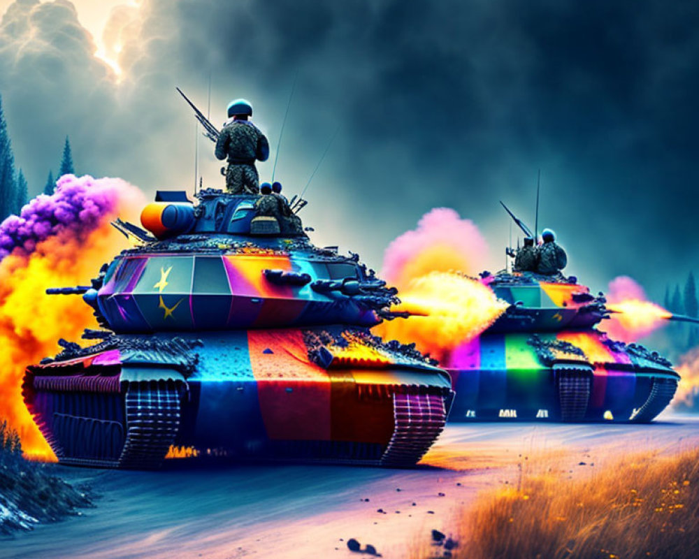 Colorful Tanks Speeding with Soldiers Emitting Smoke