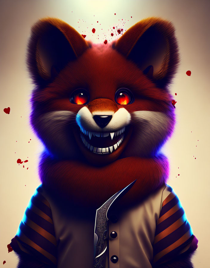 Menacing anthropomorphic red fox with knife and glowing eyes in striped shirt