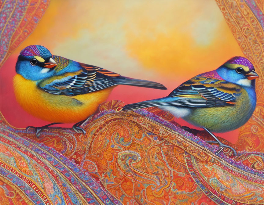 Colorful Stylized Birds on Ornate Fabric Against Gradient Background