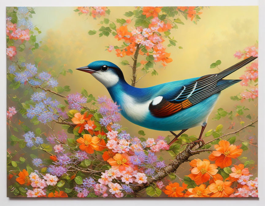 Colorful bird perched on branch amidst multicolored flowers on yellow background