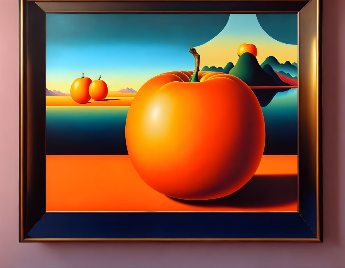 Surreal framed artwork: Oversized ripe tomato, smaller one, twilight sky, hills