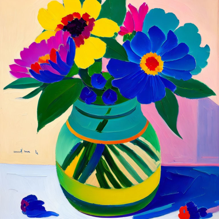 Colorful Flower Painting in Green and Yellow Vase on Blue Background