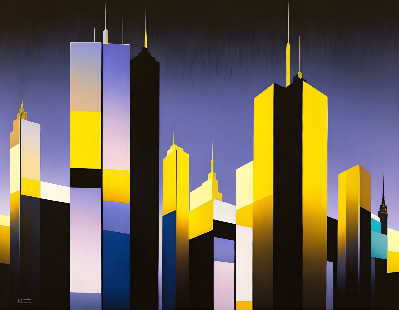 Cityscape painting with geometric skyscrapers in yellow, blue, and black palette