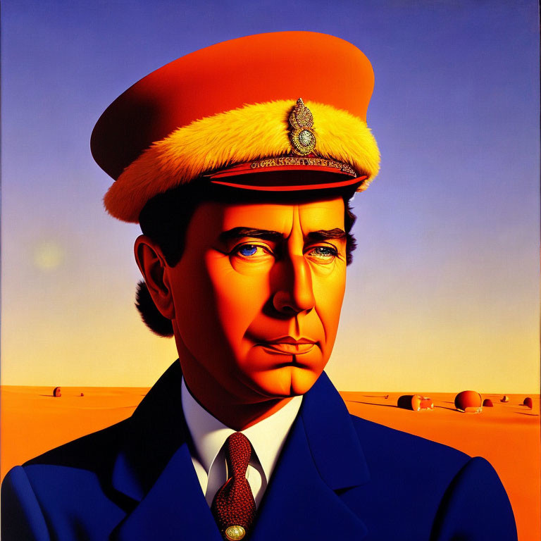 Man in red military cap and blue uniform in desert with pyramids.