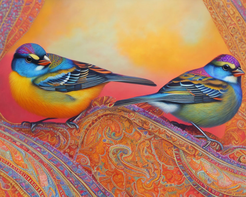 Colorful Stylized Birds on Ornate Fabric Against Gradient Background