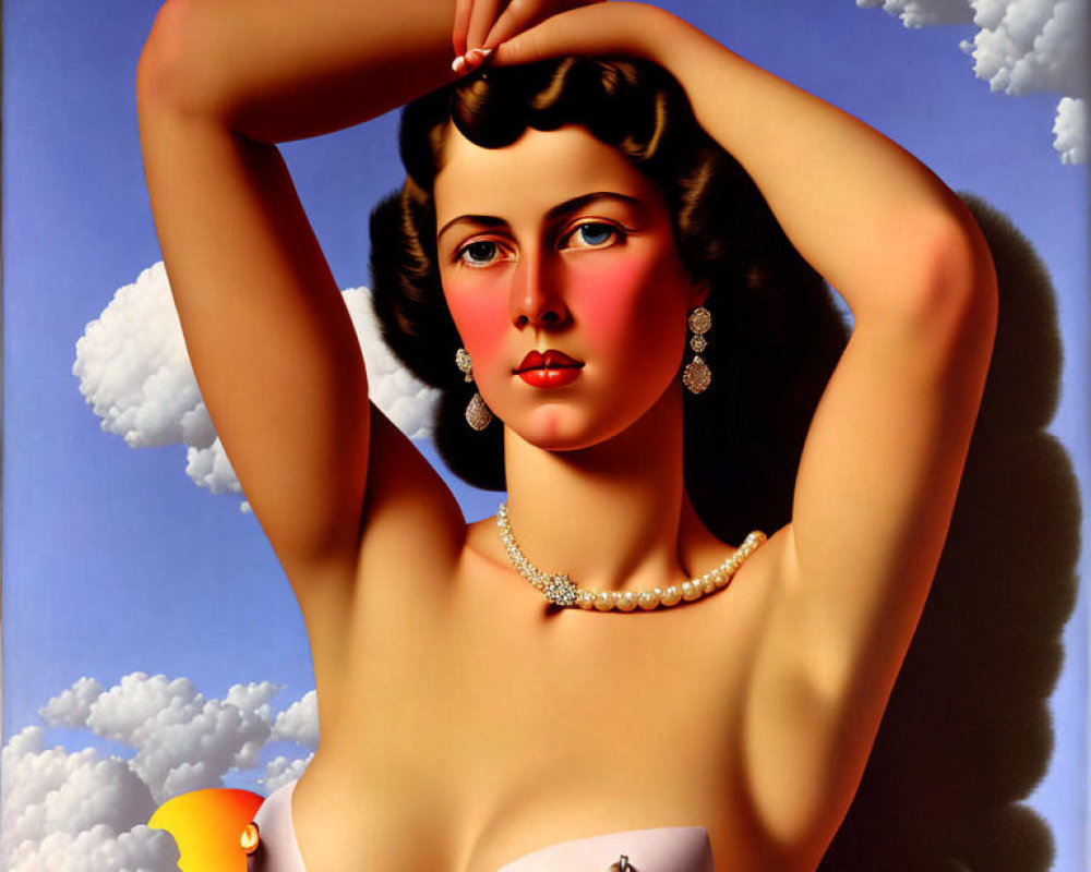 Vintage-style portrait of woman with pearl jewelry against sky backdrop, colorful birds.