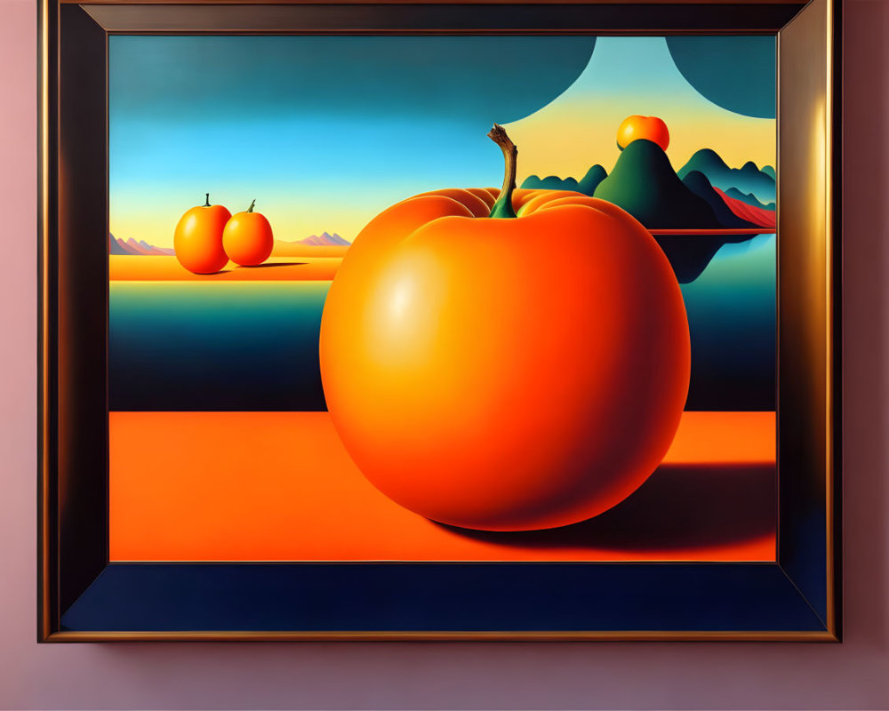 Surreal framed artwork: Oversized ripe tomato, smaller one, twilight sky, hills