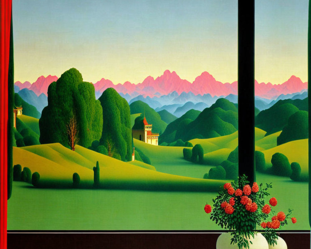 Colorful landscape painting with green hills, trees, pink mountains, and flowers.