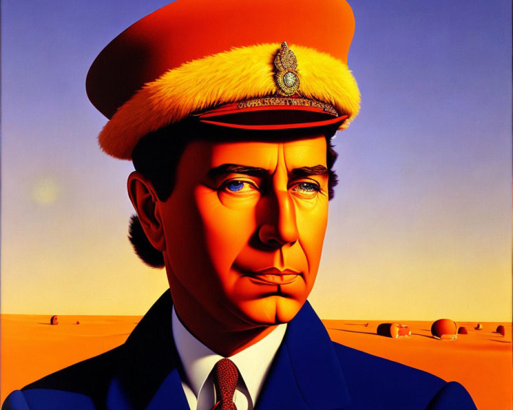 Man in red military cap and blue uniform in desert with pyramids.