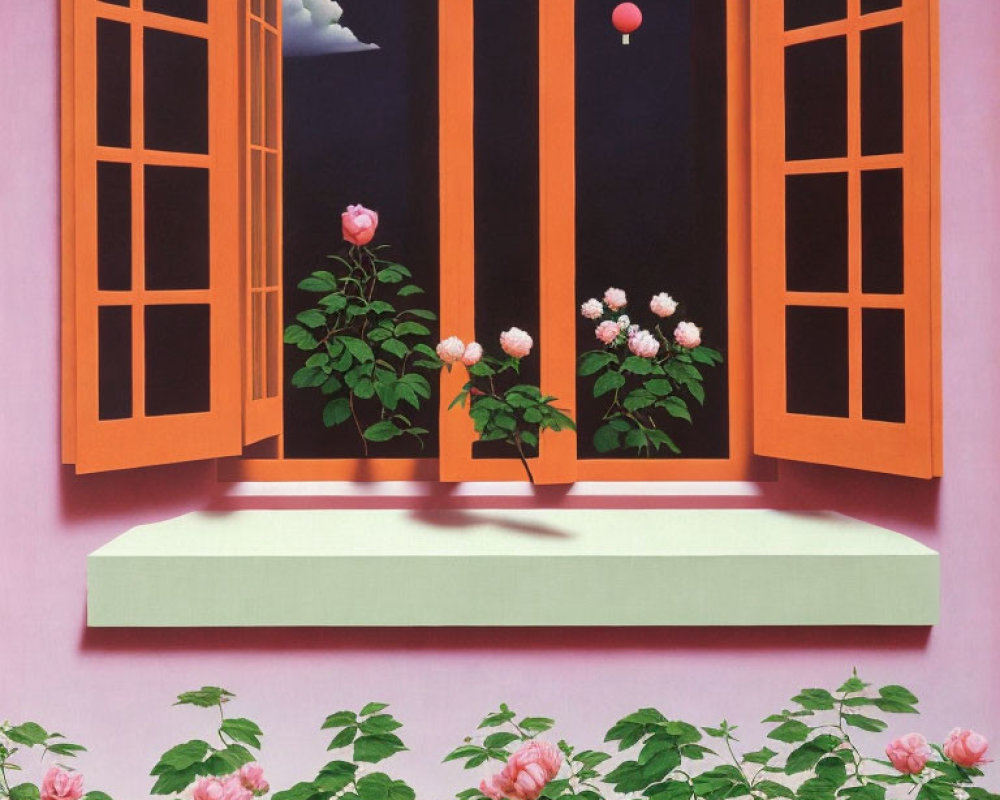 Orange Window Frame on Pink Wall with Sky View and Balloon