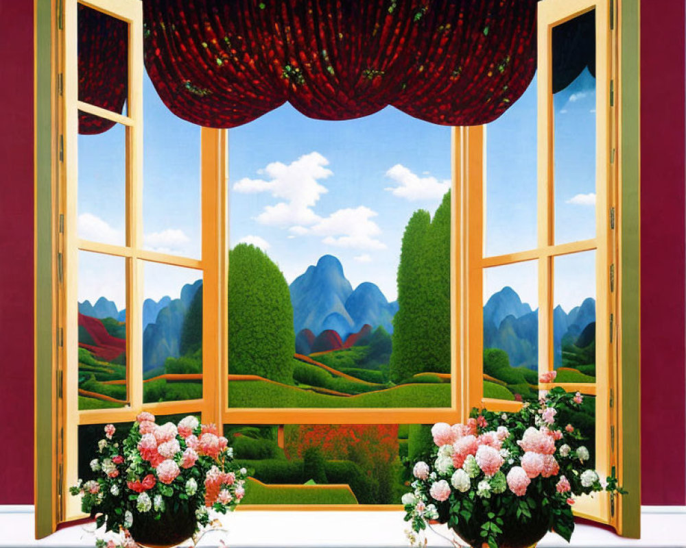 Luxurious room with red curtains, blooming flowers, and surreal landscape view