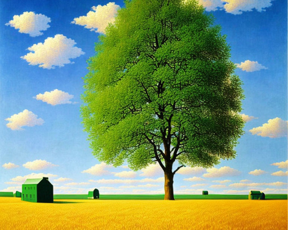 Lush green tree in golden wheat field under blue sky