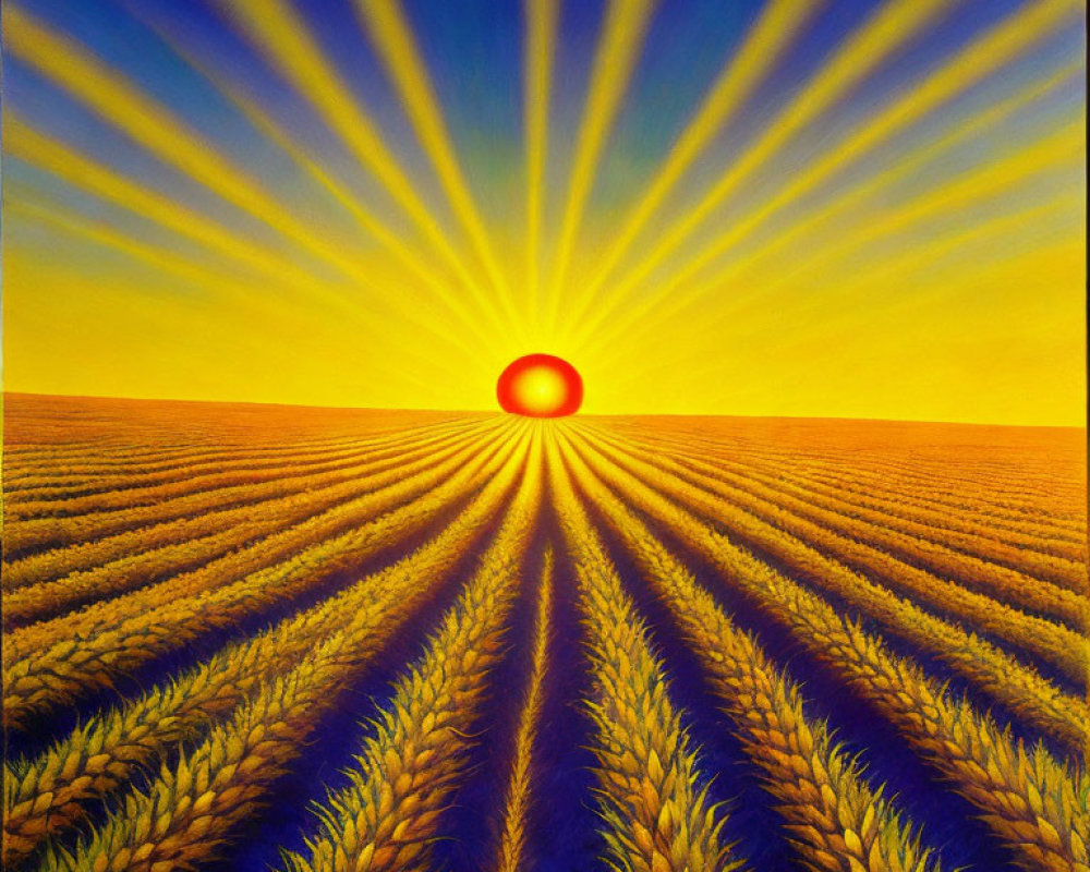 Vibrant painting: Golden wheat field under sunset with sun rays