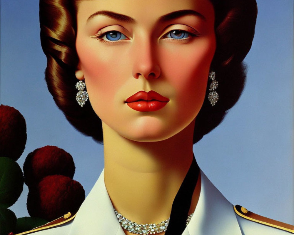 Hyperrealistic painting of woman with vintage hair, red lips, jewelry, white uniform, blue background