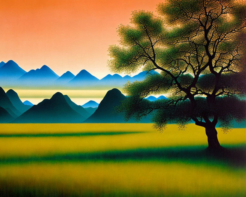 Colorful landscape painting with solitary tree, field, and distant mountains under warm sky