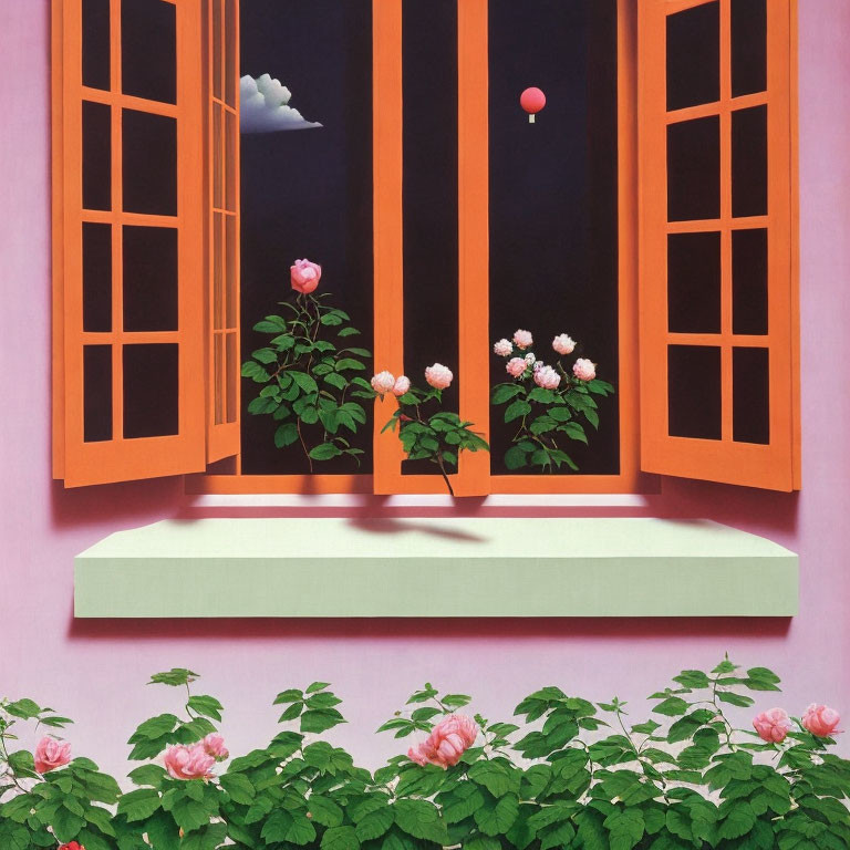 Orange Window Frame on Pink Wall with Sky View and Balloon