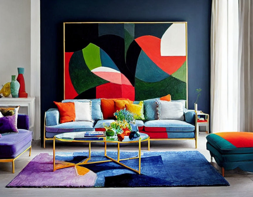 Colorful living room with abstract painting, vibrant sofa, mismatched cushions, yellow table, and mult