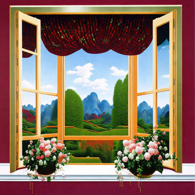 Luxurious room with red curtains, blooming flowers, and surreal landscape view