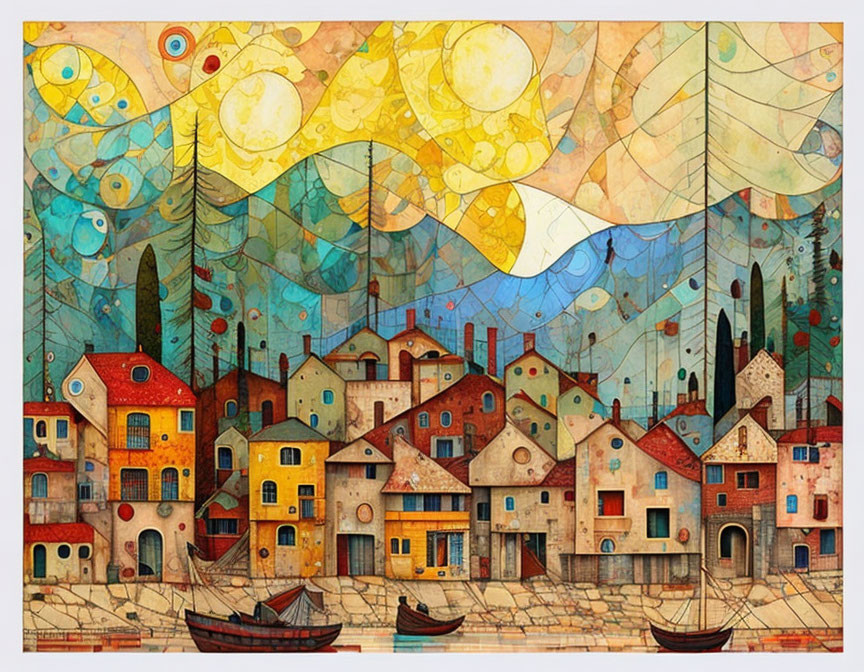 Vibrant seaside village painting with unique houses and abstract sky.