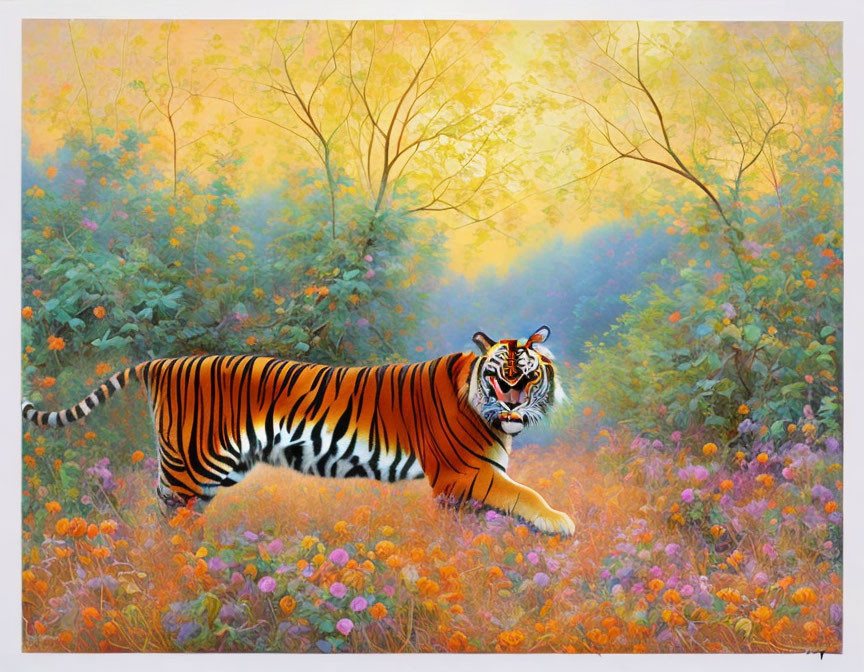 Colorful Tiger Walking in Flower-Filled Meadow