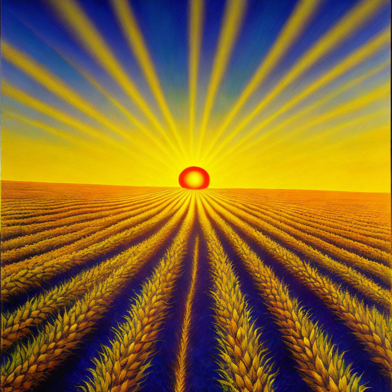 Vibrant painting: Golden wheat field under sunset with sun rays