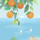 Colorful blossoms and orange trees by the sea with sailboats and coastal buildings under a blue sky