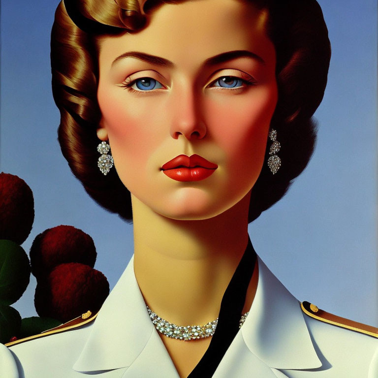 Hyperrealistic painting of woman with vintage hair, red lips, jewelry, white uniform, blue background