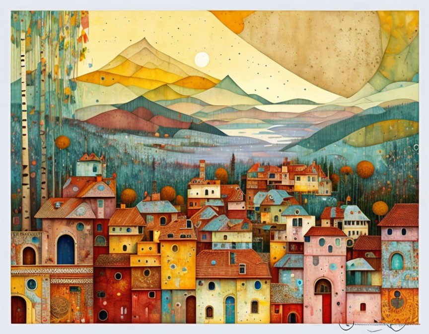 Colorful illustration of textured town and stylized mountains under starry sky