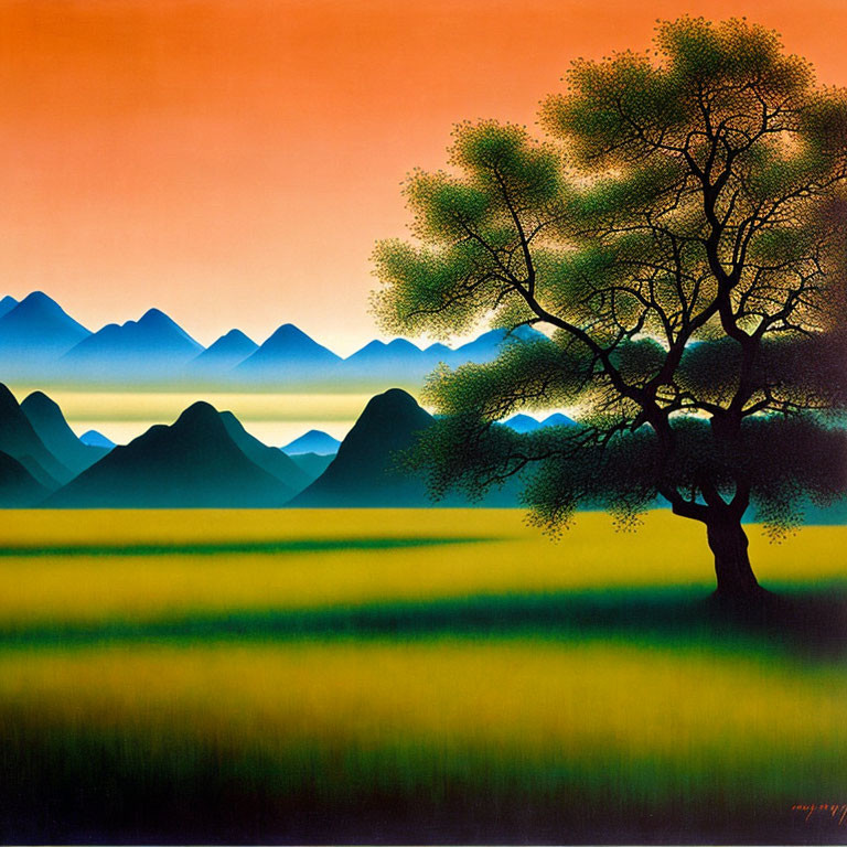 Colorful landscape painting with solitary tree, field, and distant mountains under warm sky