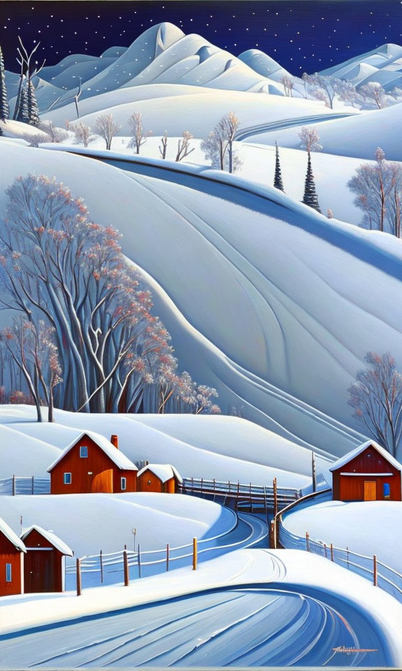 Snowy Night Scene: Red Houses, Bare Trees, Rolling Hills, Starry Sky