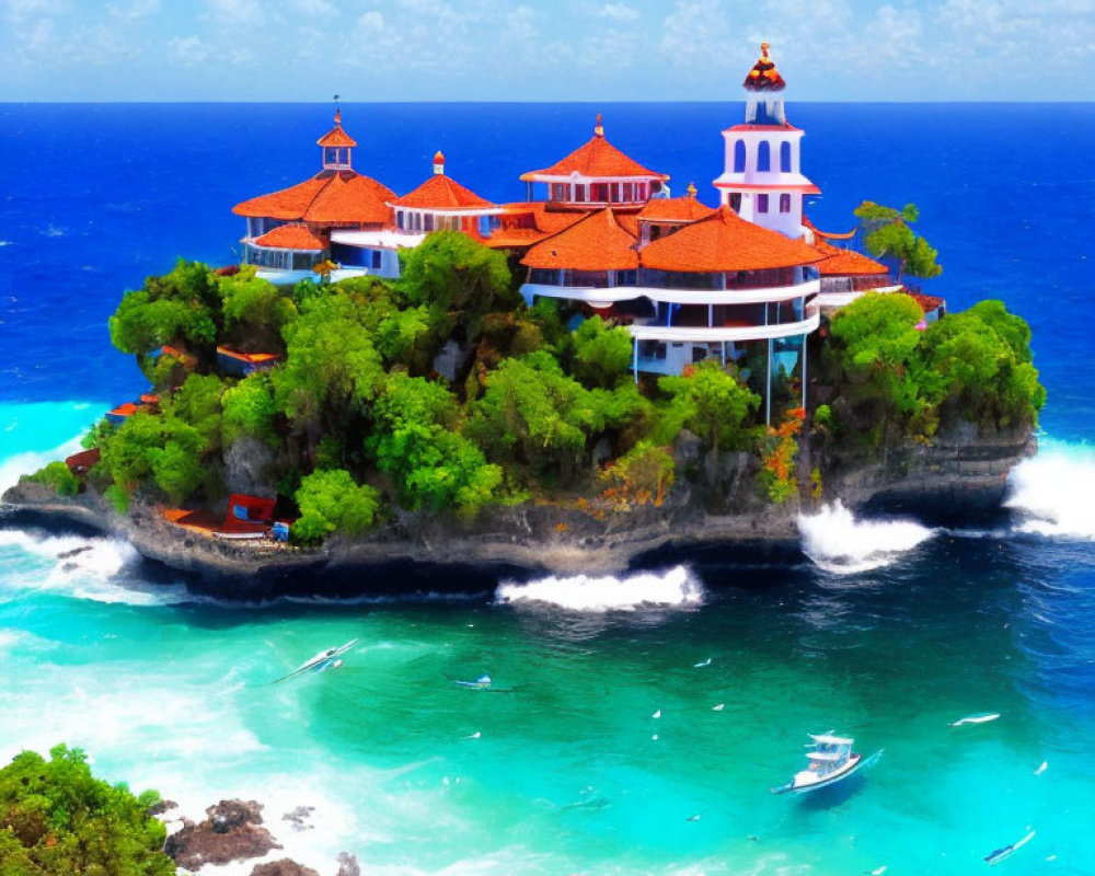 Scenic tropical island with red-roofed building and turquoise water