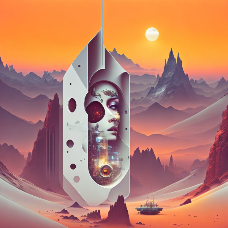 Futuristic abstract art: human face merges with architecture on orange alien landscape.