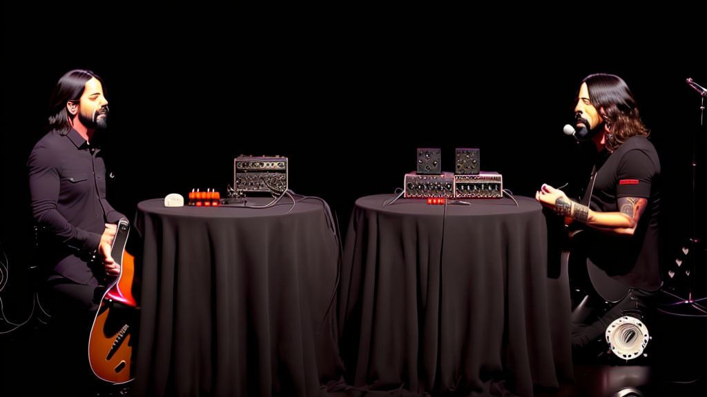 Identical Guitar Figures Across Tables on Dark Stage