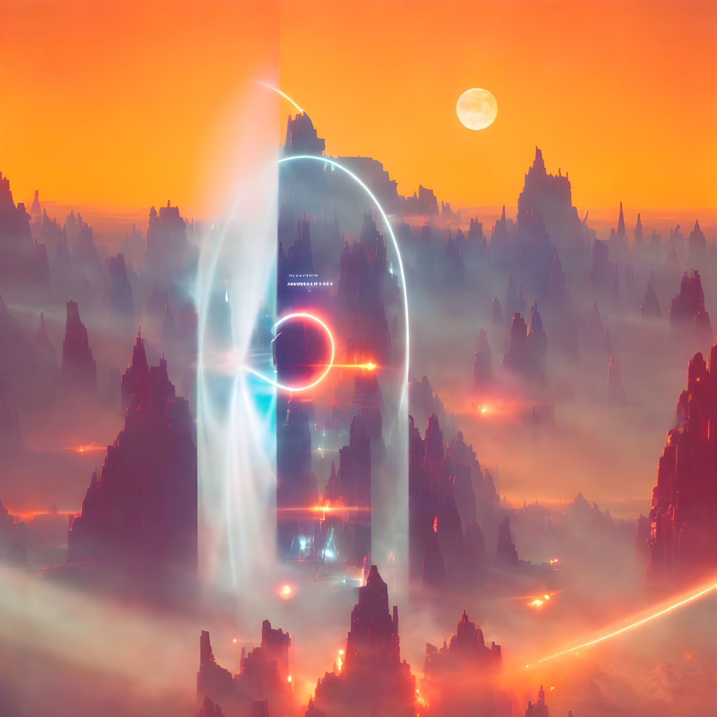 Futuristic sci-fi landscape with glowing portal and misty spires